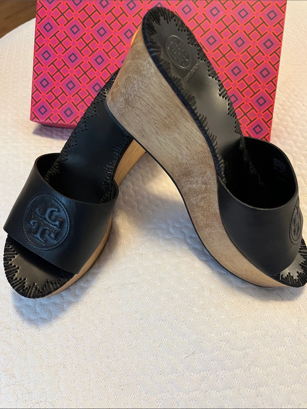 Tory Burch Black Leather Wood-Platform Slide Wedges